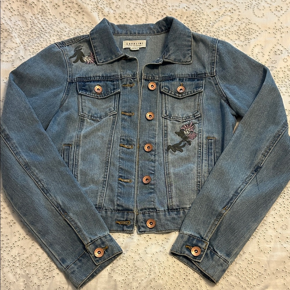 Cavalini Women's Blue Jean Jacket with Embroidered Floral Accents